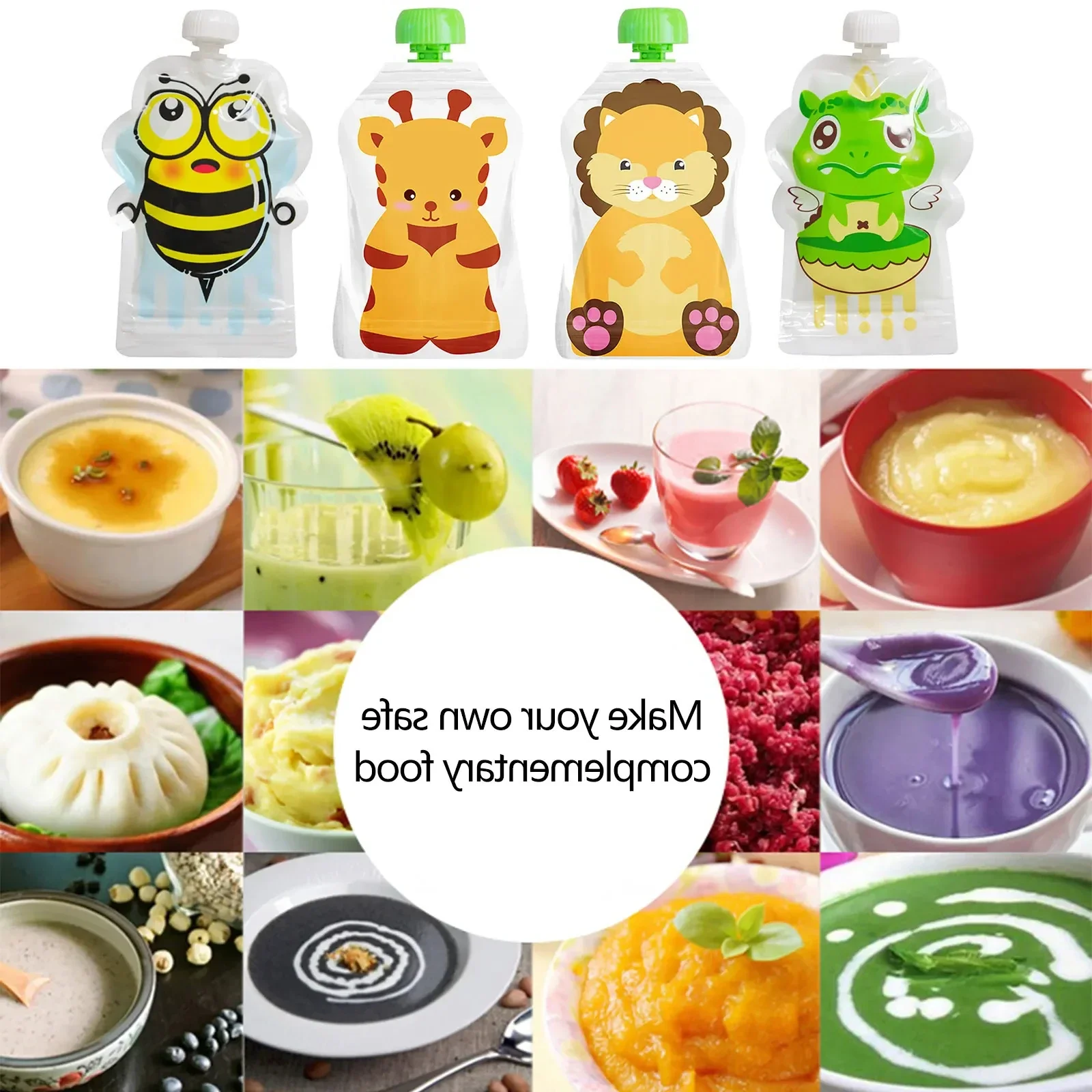8pcs Food Storage Bag Reusable 148ml Toddlers Supplementary Food Squeeze Bottle Sealed Random Refillable Screw Cover for Outdoor