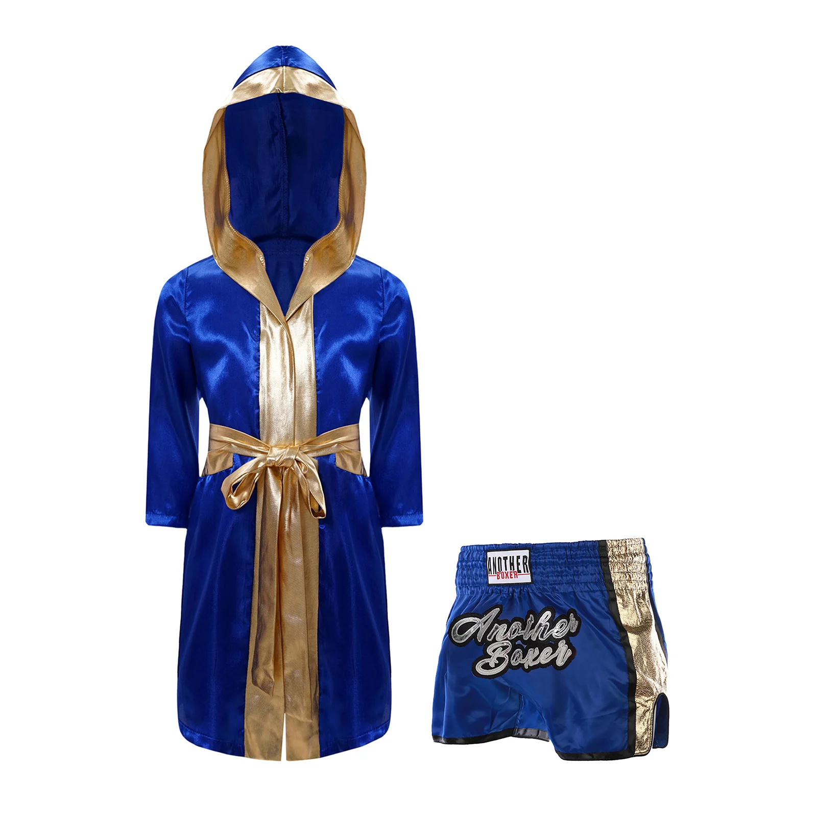 Children Boys Boxing Outfit Halloween Cosplay Costume Kid Long Sleeve Metallic Trim Satin Belted Robe Hooded Cloak+Short Set