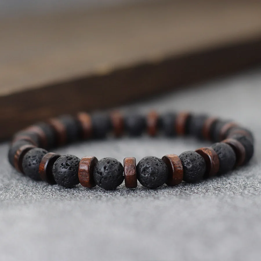 Einzigartiges natürliches Holzarmband für Männer, Tigeraugen, Lava, Howlith, Edelstein, Stretch-Perlenarmband, Fahrradzubehör, Wickelarmband – Detail 13
