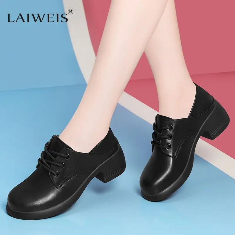 

luxury British style soft sole versatile genuine leather black loafers 2023 new autumn medium heel thick heel women's shoes