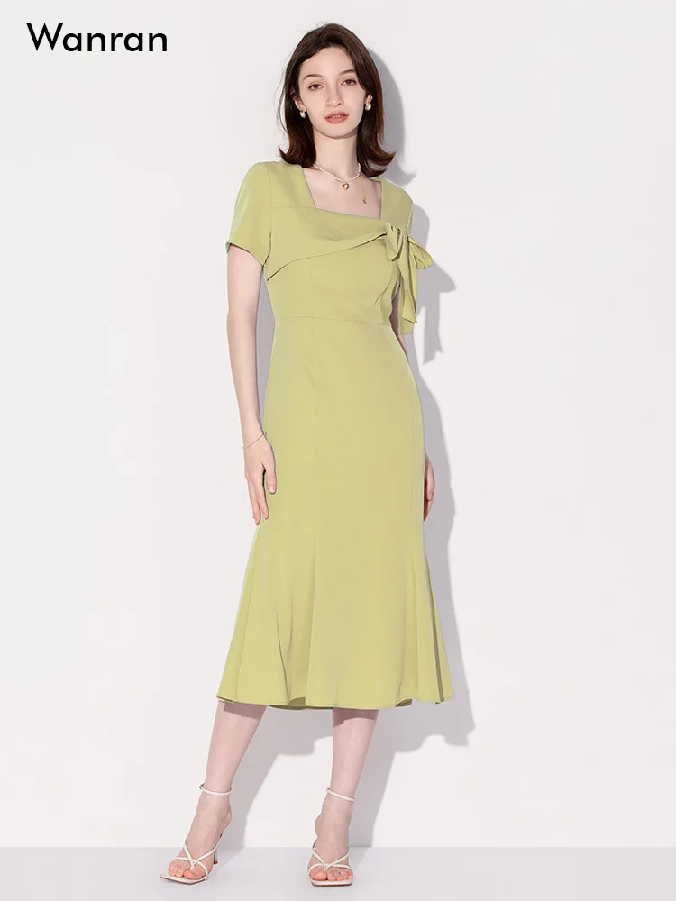 

2023 Summer New Fashionable Style Square Neck Tie Bow Front Fit Elegant Teal Fish Tail Dress