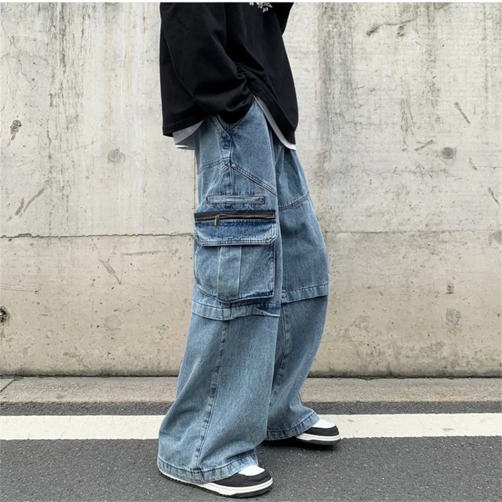 Waist Jeans Straight Dinem Trouser Male Side Multi Pocket Blue Loose Elastic Band Cargo Pants
