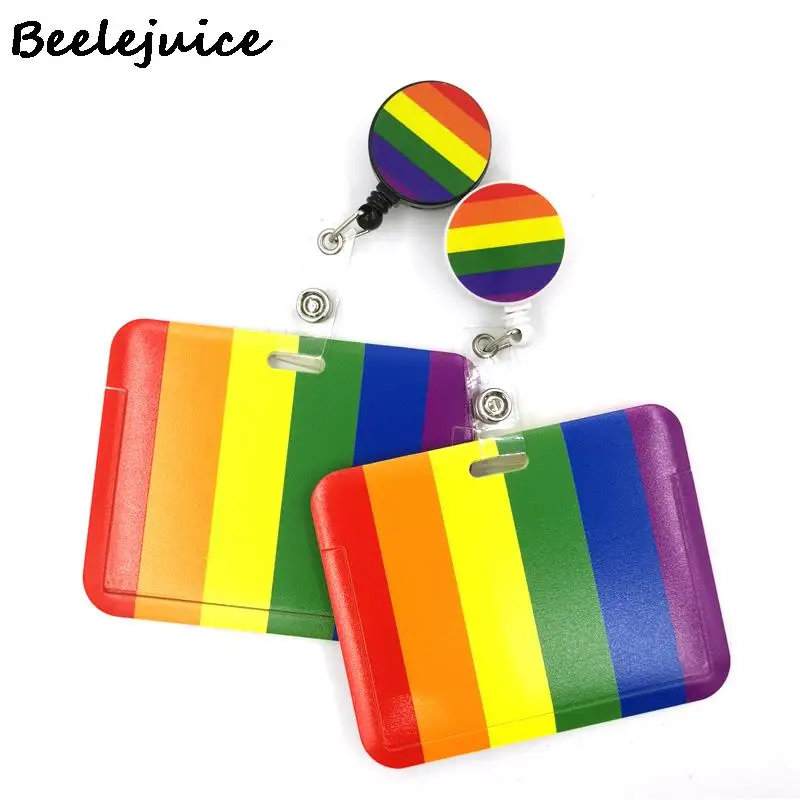 Homosexuality Rainbow Color ID Retractable Badge Holder Reel ID Badge Holder Clip Key Ring for Name Card Keychain Nurse Work