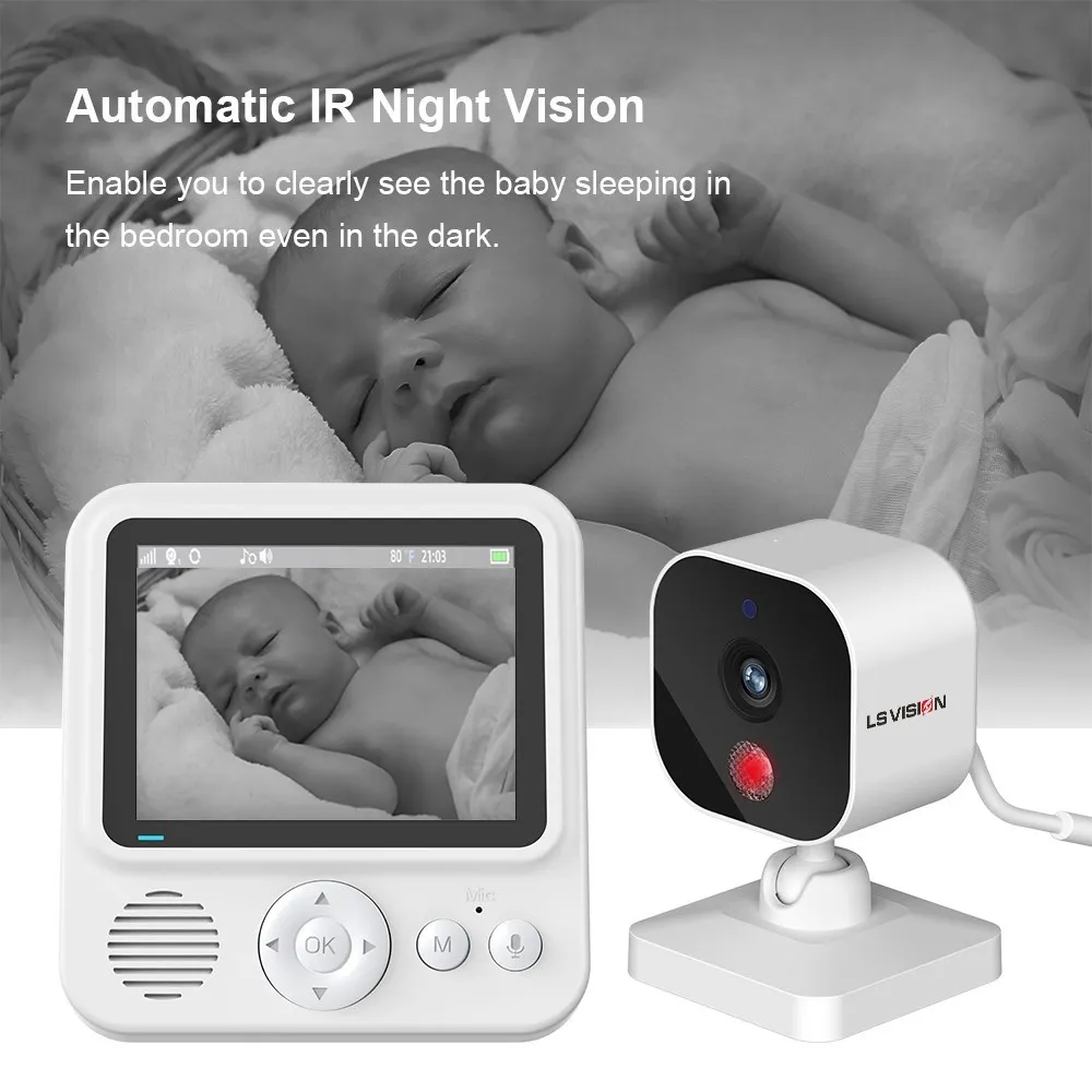 LS VISION Wireless Video Baby Monitor 2.8-inch IPS Screen Night Vision Temperature Battery Monitoring 2 Way Audio Talk VOX Set