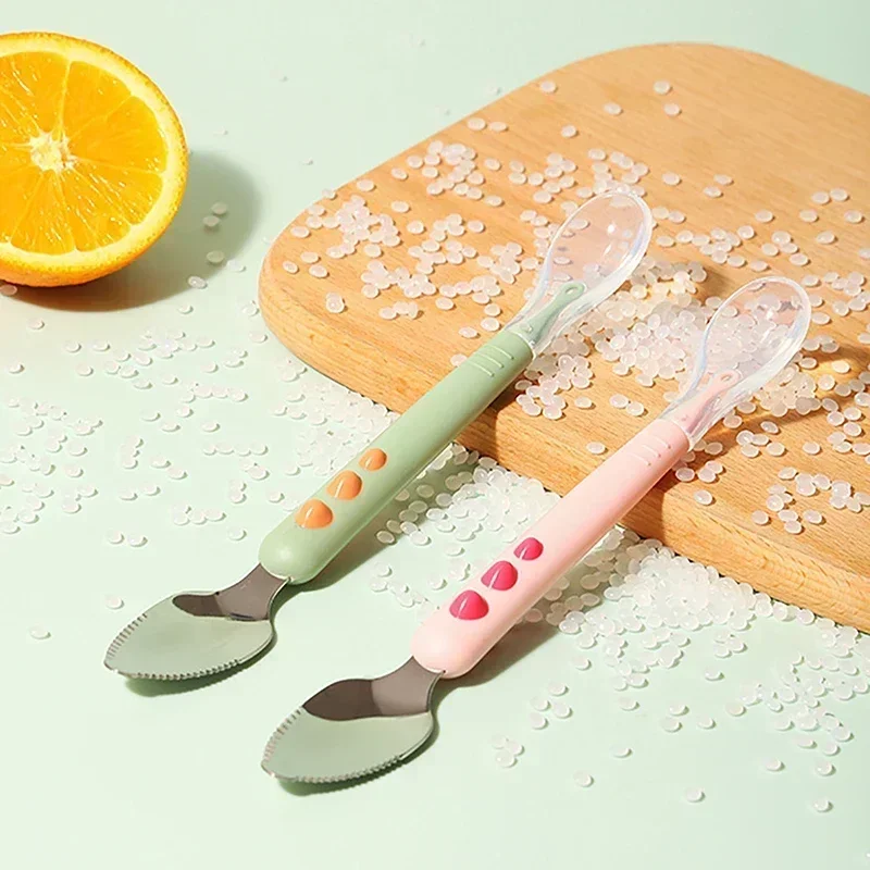 Baby Fruit Scraping Mud Spoon Double Head Silicone Stainless Steel Children Utensil Toddler Infant Food Feeding Tableware