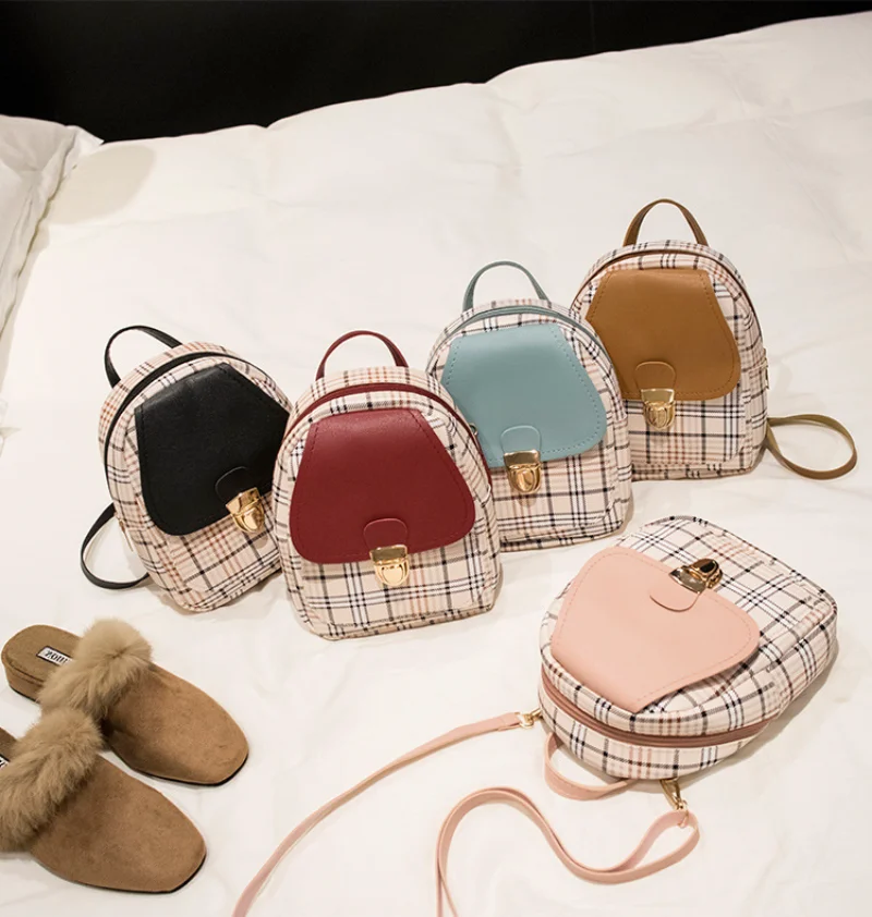 Damen Mini Umhängetasche Koreanischen Stil Damen Plaid Farbe Passenden Persönlichkeit Kleinen Rucksack Mode Schloss Umhängetasche_voghion.com