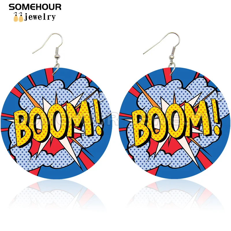 SOMEHOUR Love Queen Boom Comic Print Wooden Drop Earrings OMG LOL Bubble Cartoon Cute Pop Loops Dangle Jewelry Women Girls Gift