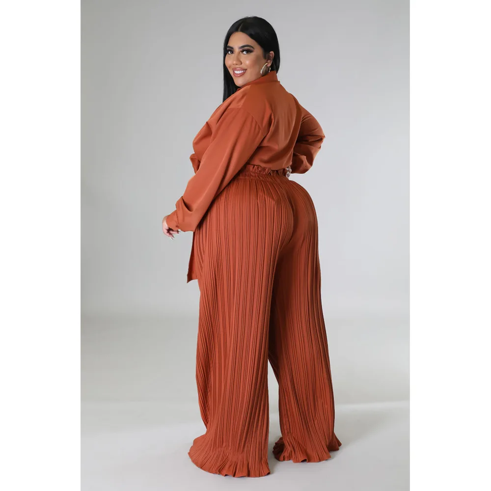Plus Size Women 5xl Sets Solid Blouse Tops And Wide Leg Pants 2022 Autumn Two Piece Sets Fashion Bandage Wholesale Clothes