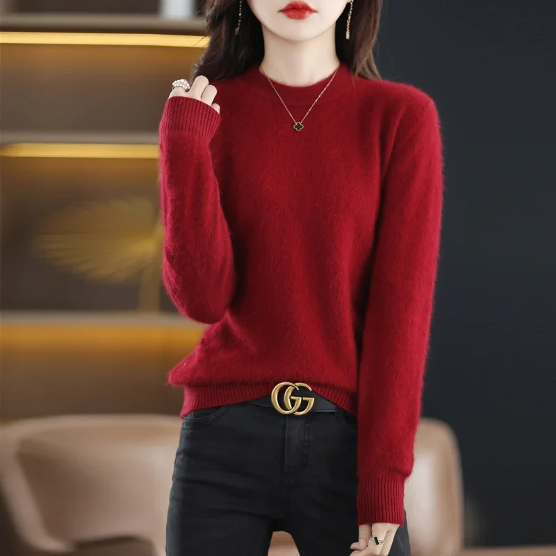 RONGNI Pure Mink Cashmere Sweater For Women's Long Sleeved Warm Autumn And Winter Loose Knit Pullover With Solid Color Base Top