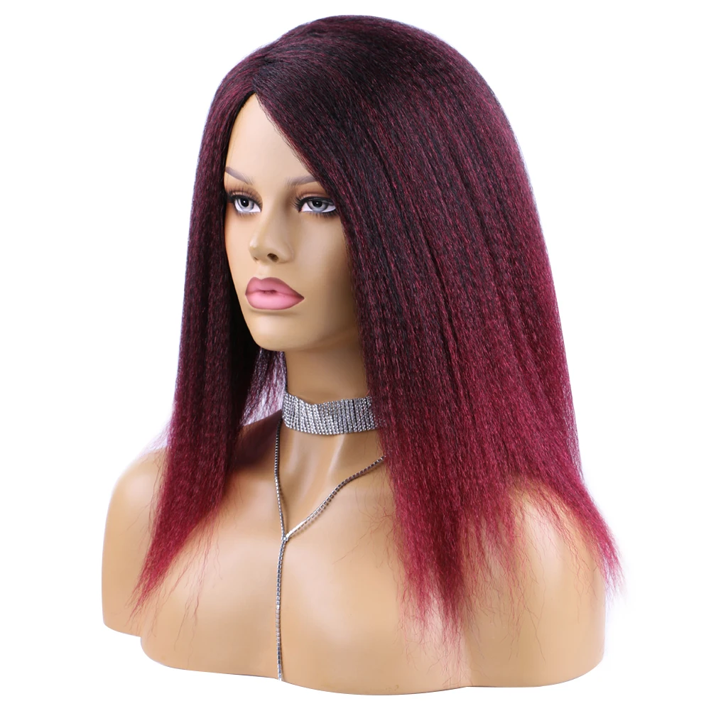 Belle Show Yaki Hair Wigs Afro Kinky Straight Hair Wigs 14 Inches Wine Red Wigs Natural High Temperature blice synthetic yaki straight wig lacetop line 18 inch women wig hollow out cap inside kanekalon fiber pure color wigs