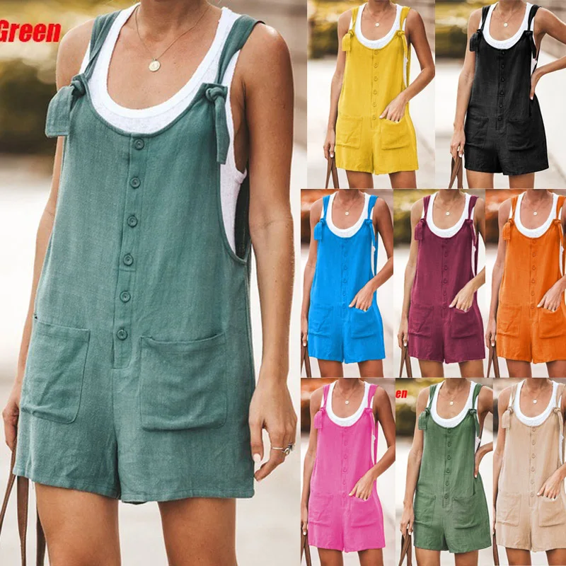 

New Fashion Ladies Loose Rompers Summer Women Casual Sleeveless Jumpsuit Solid Button Pocket Short Pants Wide Leg Playsuits 2023
