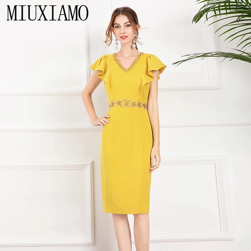

MIUXIMAO 2022 High Quality Spring&Summer Elegant Dress Short Sleeve V-Neck Diamonds Fashion Office Lady Women Vestides