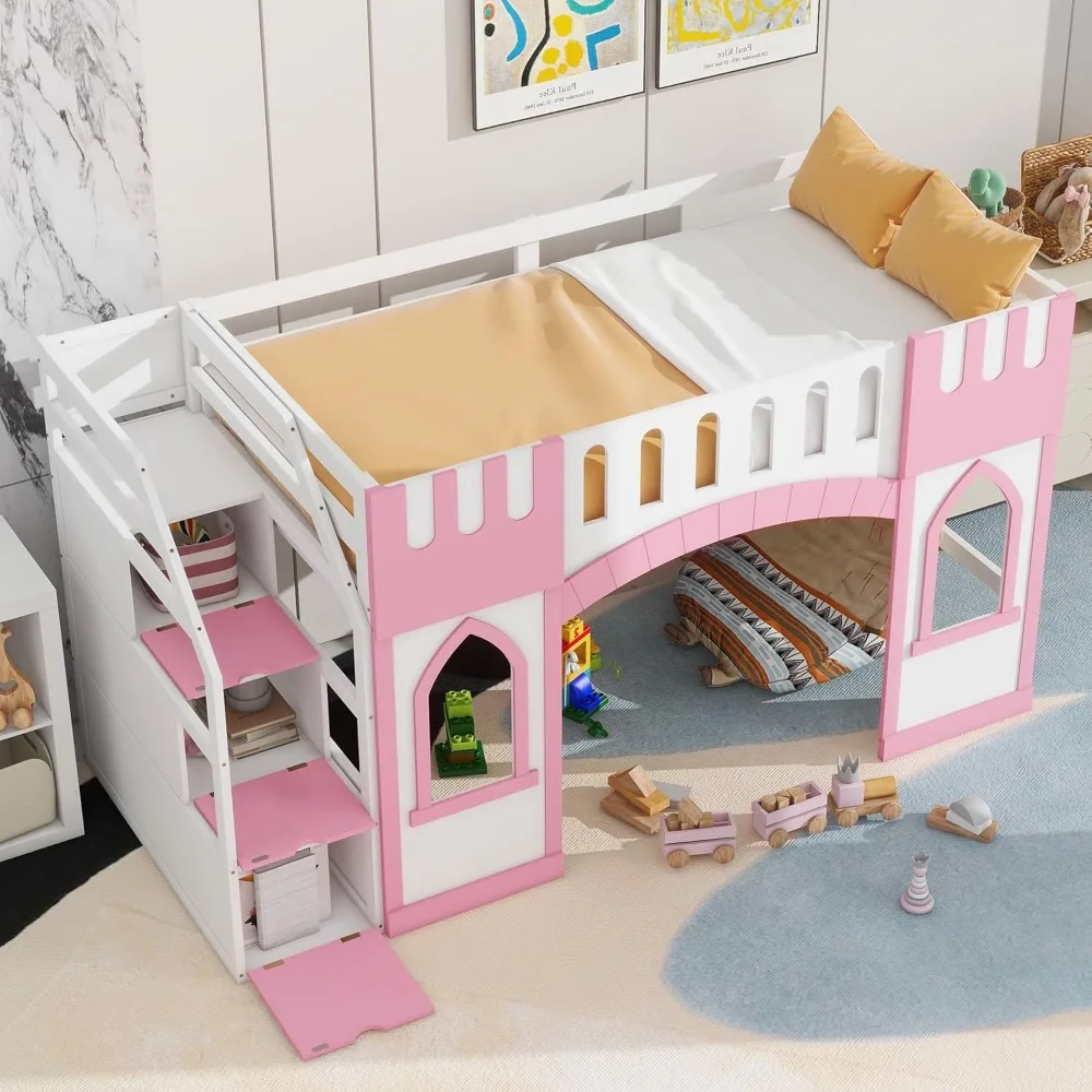 Twin Size Loft Bed with Storage Staircase and Window, Wood Playhouse Bed Frame with Storage for Boys, Girls 4