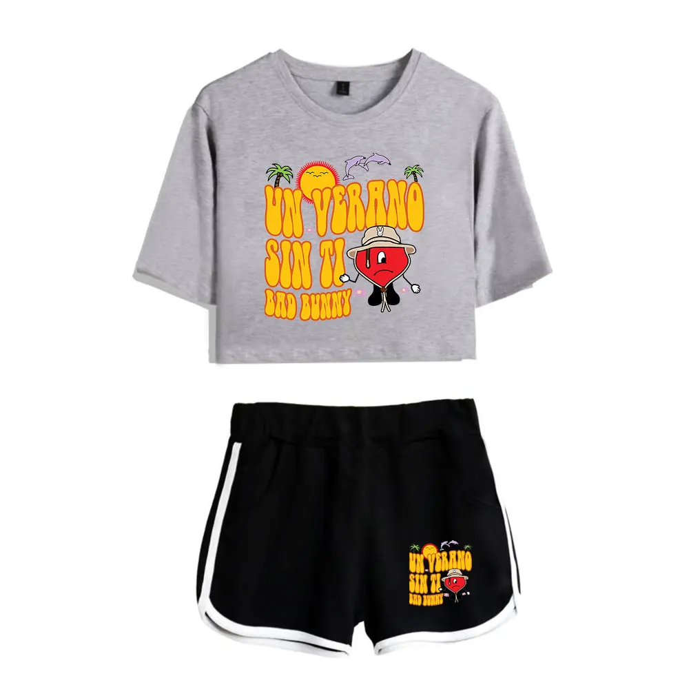 Bad Bunny Un Verano Sin Ti logo Merch Crop Tops Women Two Piece Set Shorts+TShirt High Quality Streetwear Girl Sets