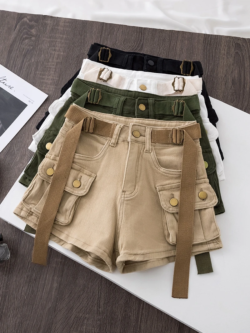 Retro Army Green Work Wear Denim Shorts 2024 New Summer Cool Girl Chic Belt Pocket Design High Waist Dance Ultra Short Hot Pants