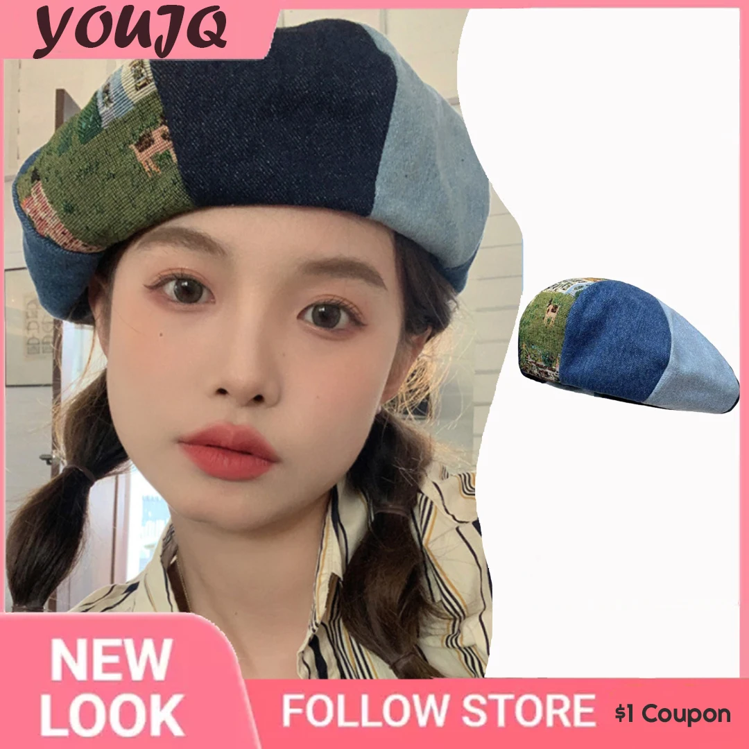 

Y2K Oversized Retro Beret Hats for Women European American Retro Wild Cowboy Stitching Street Cloud Boinas Gorras