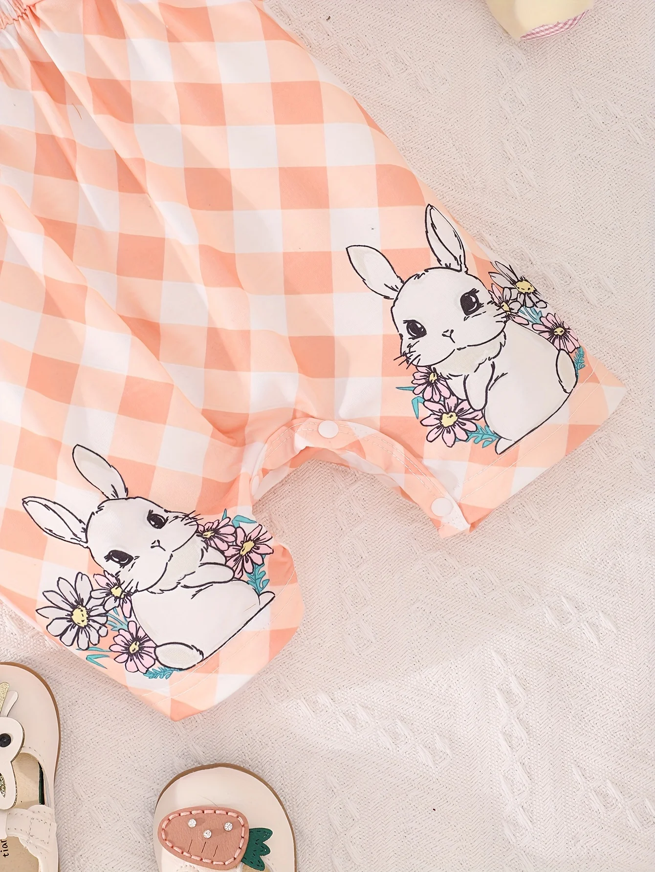 귀여운 여아 오렌지 격자 무늬 토끼 프린트 원지, 달콤하고 편안한 통기성, 시원한 여름  반바지