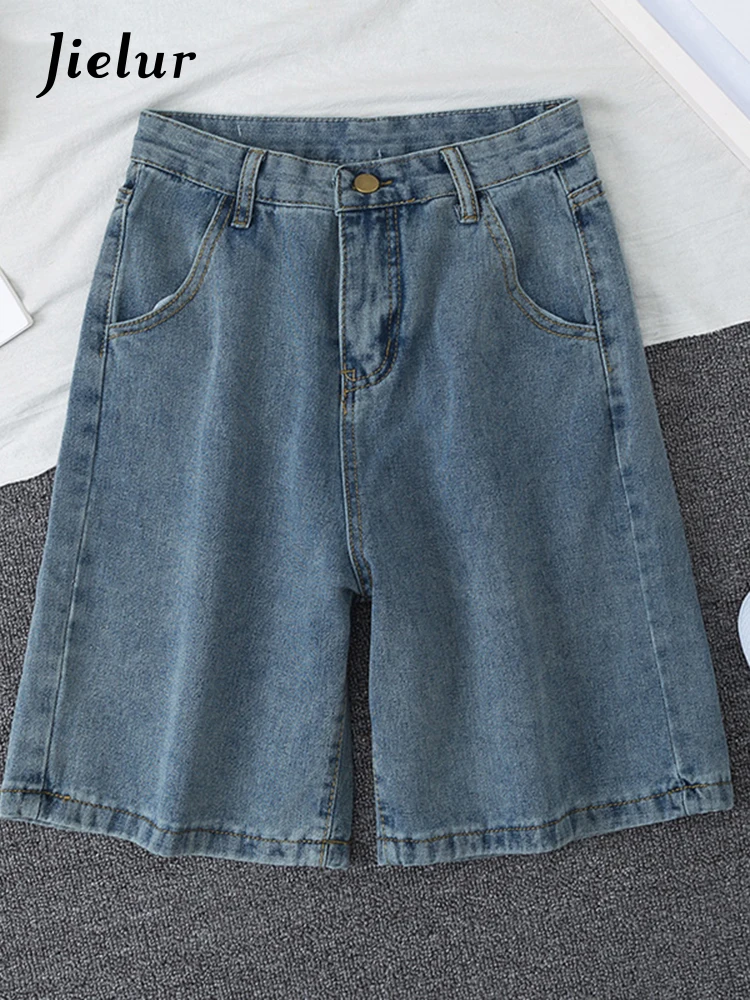 

Jielur 2022 New Summer Women High Waist Blue Wide Leg Denim Shorts Casual Female Solid Streetwear Stright Jeans Bermuda Shorts
