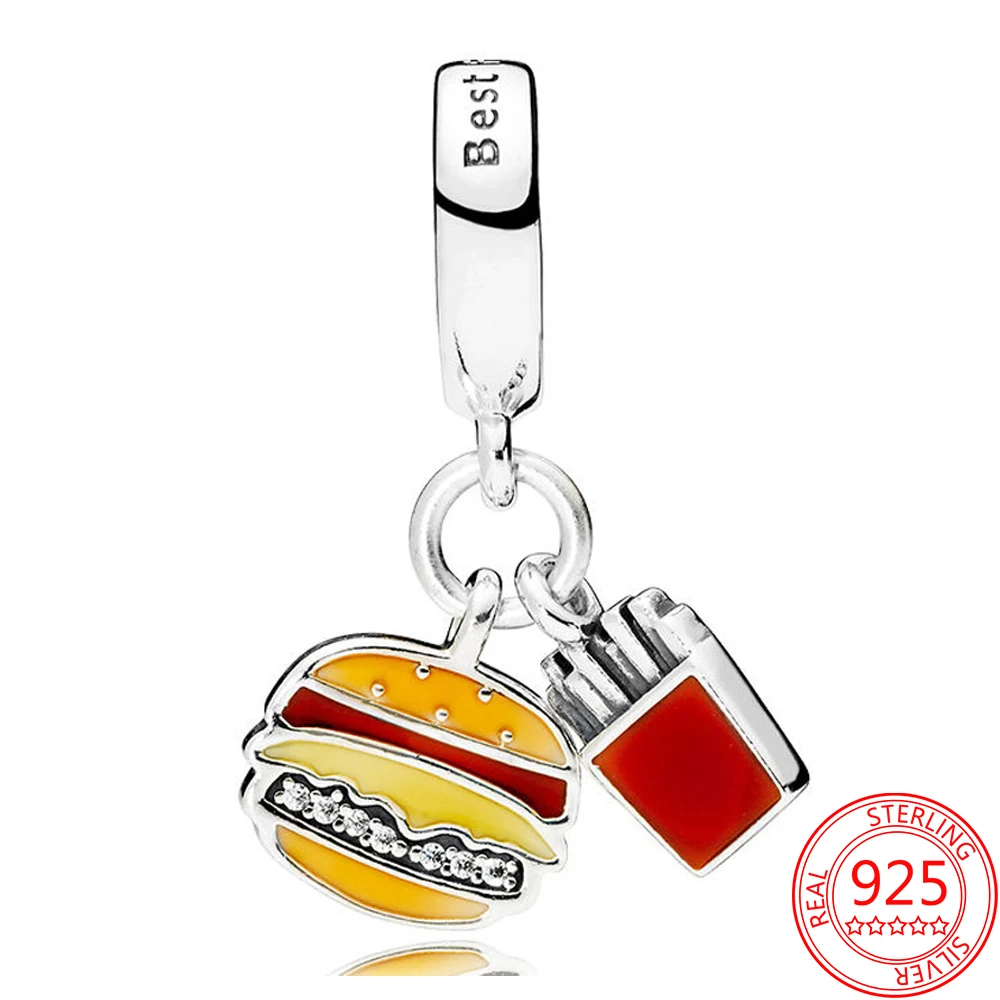 

Authentic 925 Sterling Silver Enamel Hamburger Fries Charm Fit Pandora 3mm Bracelet DIY Pendant Jewelry Gift Making