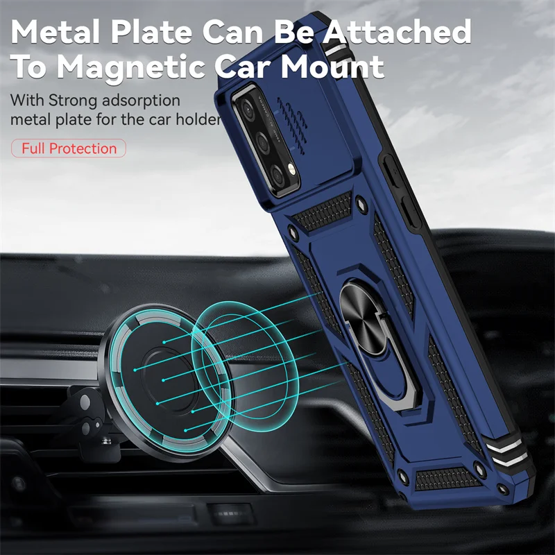 Shockproof Armor Case with Slide Camera Lens Protector and Magnetic Holder Ring Back Cover