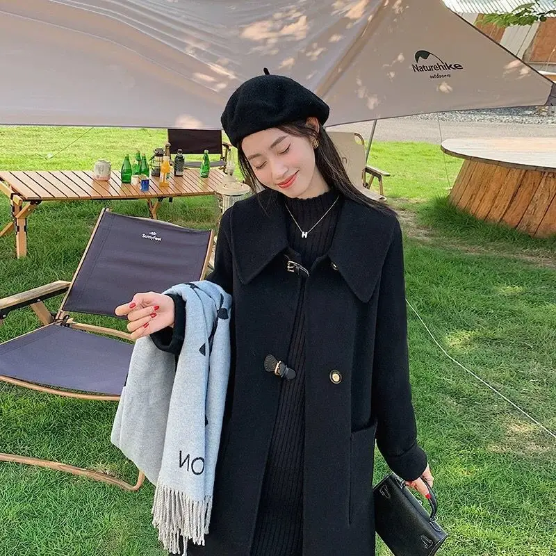 Hepburn Style Woolen Coat for Women, Elegant A-Line Loose Coat, Large Size, Black Outwear, Casual Versatile, Female Fashion, New