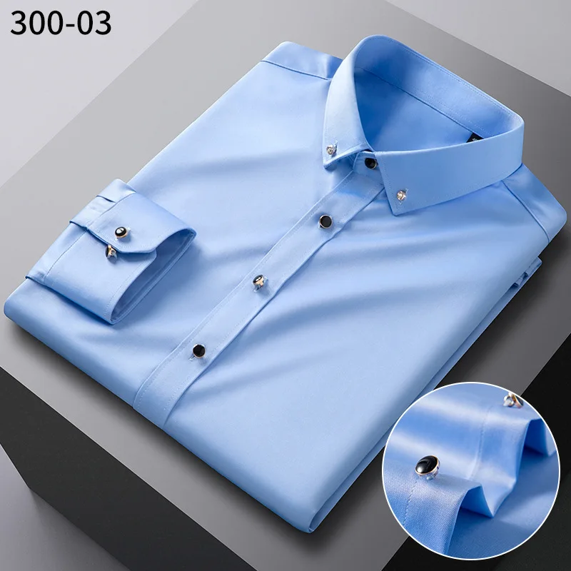 

2024 New Men's Diamond Button Long sleeved Shirt Elastic Comfortable Non ironing Business Casual Shirt Korean Fit Men's Wear