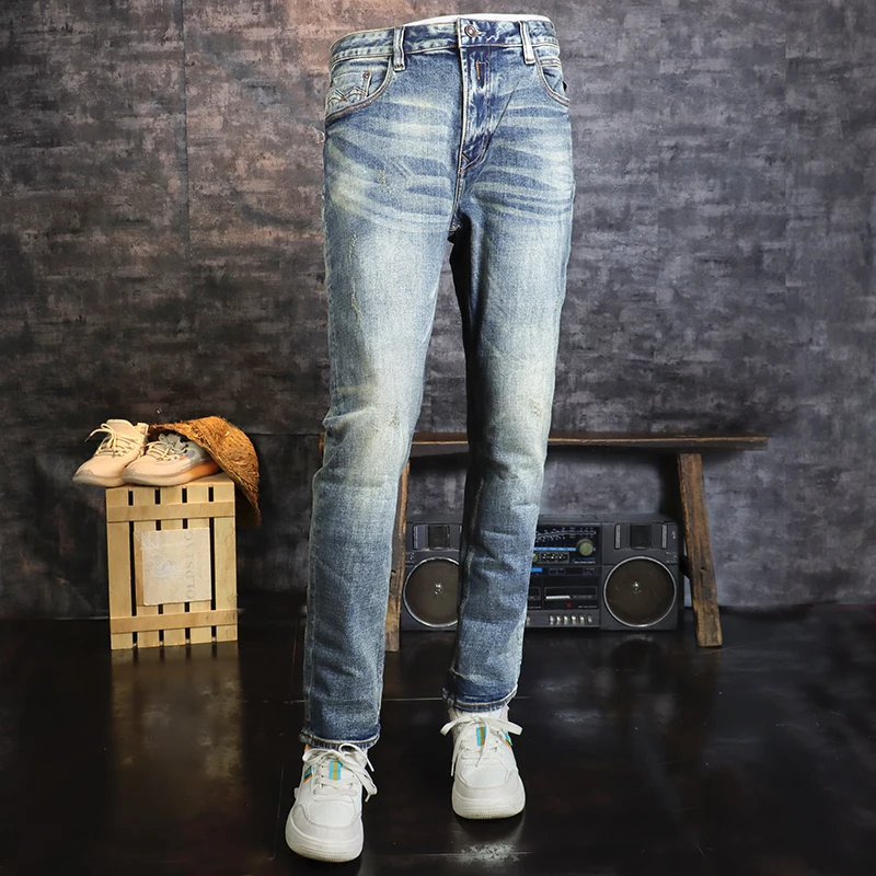 

Italian Style Fashion Men Jeans Retro Blue Stretch Slim Fit Ripped Jeans Men Elastic Trousers Vintage Designer Pants Hombre