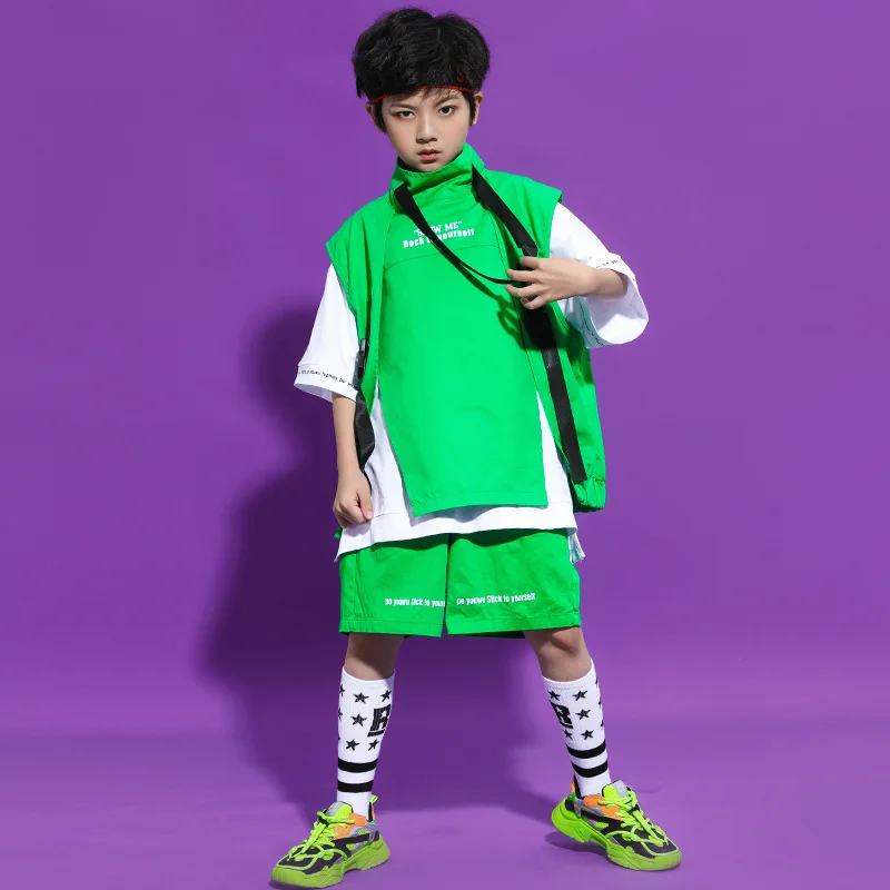 

Детская крутая одежда в стиле хип-хоп, белая футболка с графическим рисунком, футболка оверсайз, топ, зеленые летние шорты для девочек и мальчиков, костюм для джазовых танцев, одежда