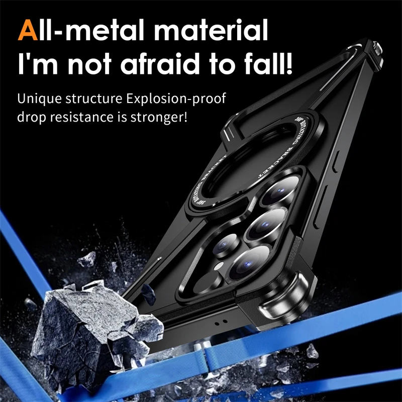 Premium Metal Magnetic Phone Case with 360° Rotating Bracket and Aluminum Alloy Frameless Shockproof Design