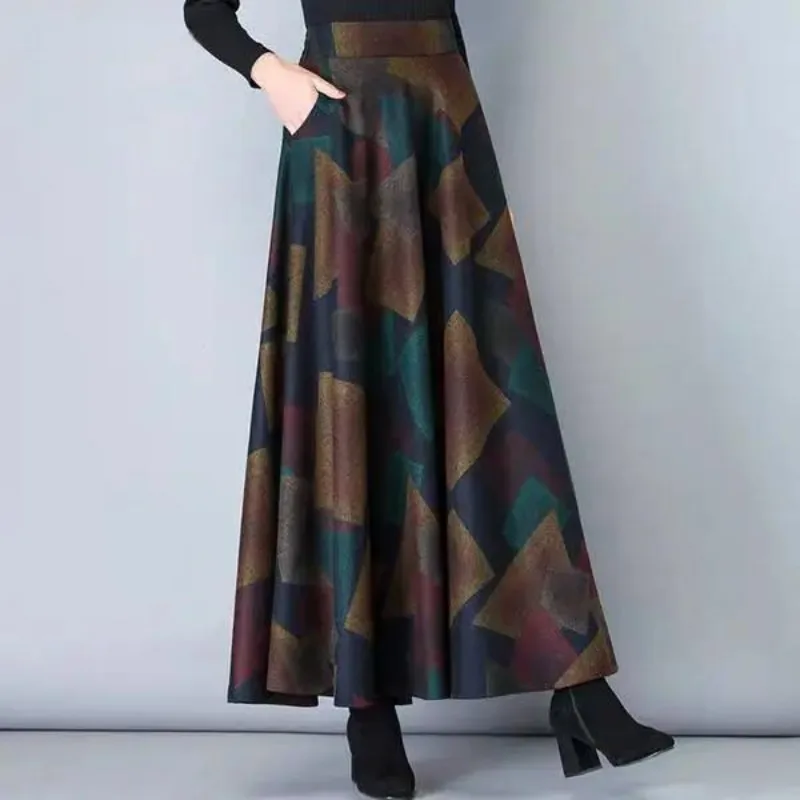 2023 Autumn and Winter Women's High Waist Elastic Patchwork Pockets Printing Loose Fashion Casual Elegant Commuting Skirts