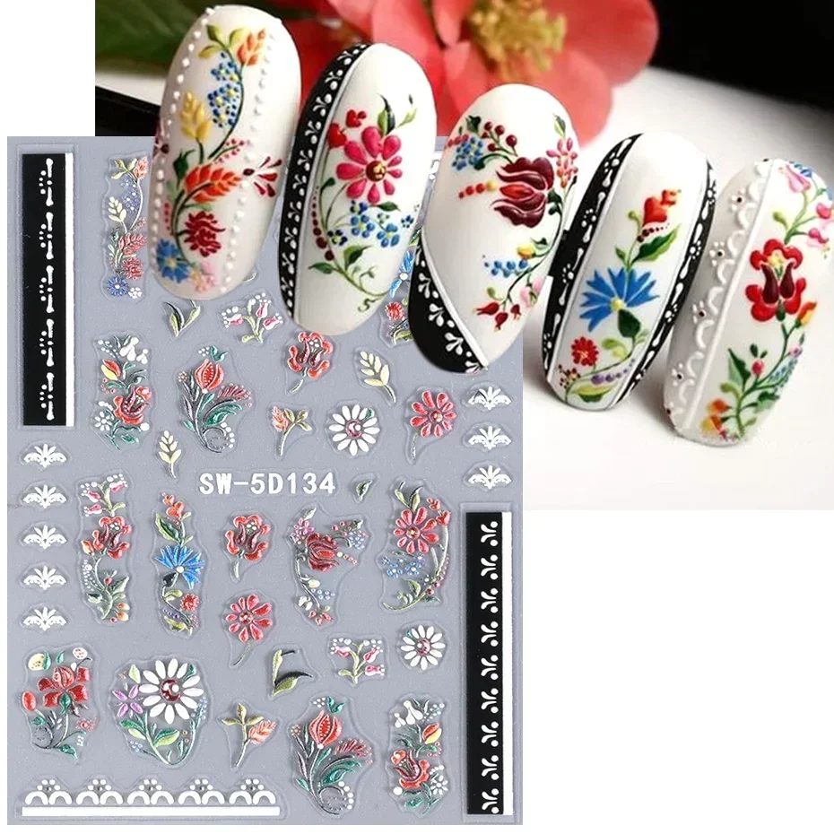5D Colorful Daisy Flower Nail Art Sticker Lace Heart Spring Hollow Petals Boho Style French Engraved Slider Manicure Decorations