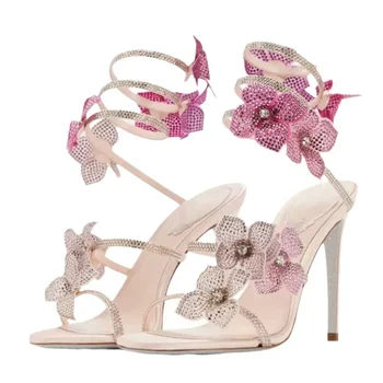 Eilyken Sexy CRYSTAL Flower Thin High Heels Women Sandals Street Style Narrow Band Ankle Strap Pole Dancing Ladies Shoes 1