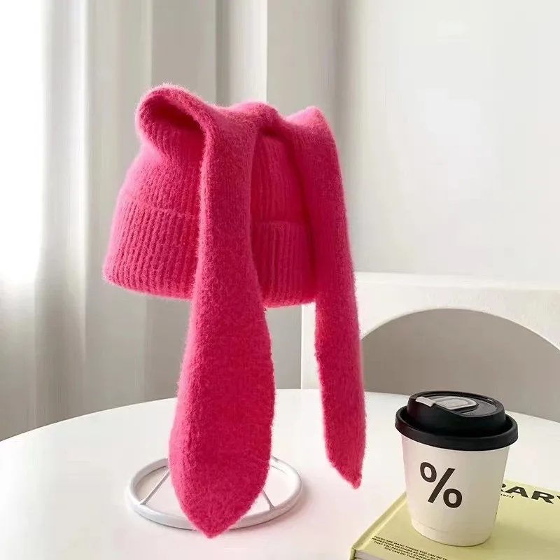 Lange Ohrmütze, gehäkelte Strickmütze, niedliche Hasenmütze, Hasenohren, Hüte für Damen, warme Wintermütze – Detail 7
