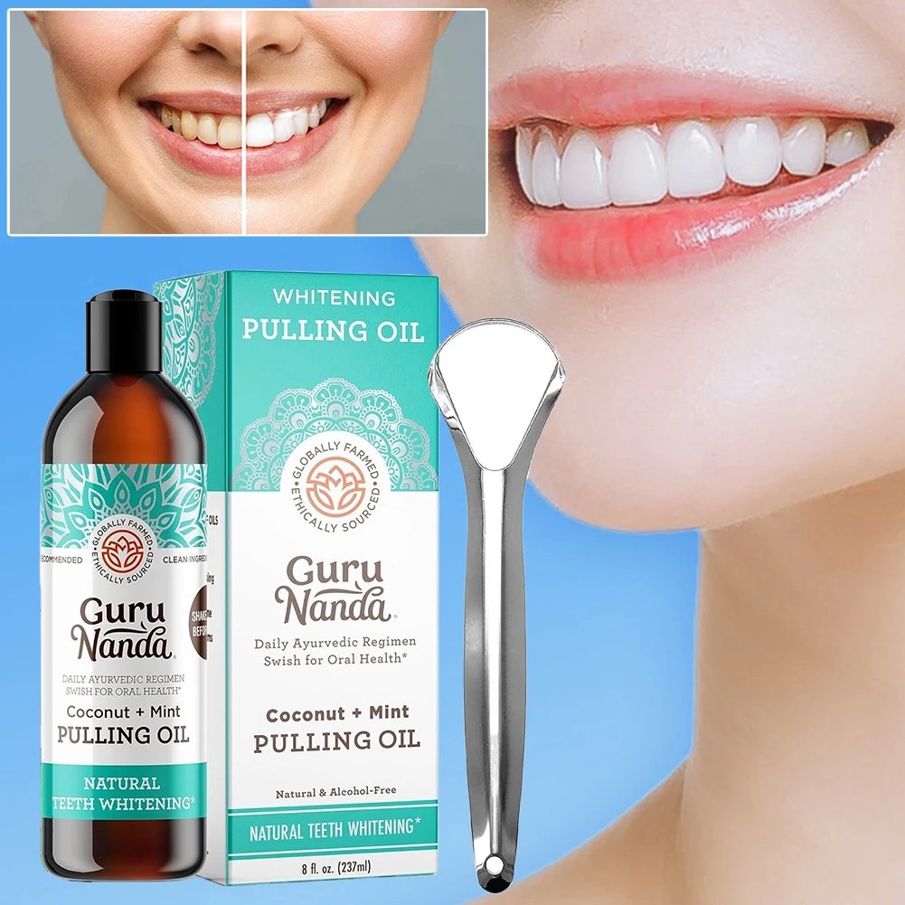 Pulling Coconut Oil Mouthwash Non Alcohol Mint Tongue Oral Clean with Tongue Scraper Fresh Oral Breath for Women Men Care teeth whitening powder