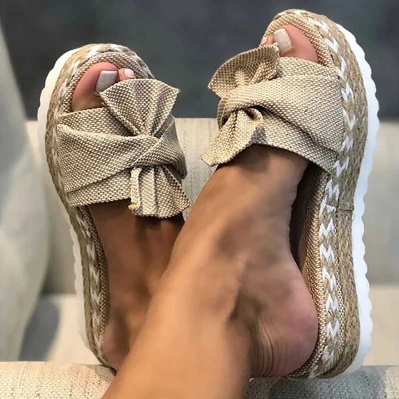 

Slippers Women Flat Sandals Platform Bow Summer Shoes Thick Bottom Woman Slippers Outdoor Elegant Beach Slides Female Sandals