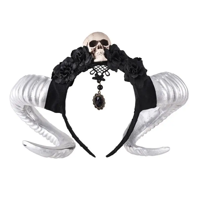 39BD Halloween Feder Schaf Horn Haarreifen Böse Königin Haarband Cosplay Kostüm Magische Hexe Kopfbedeckung Zubehör für Mädchen – Detail 1