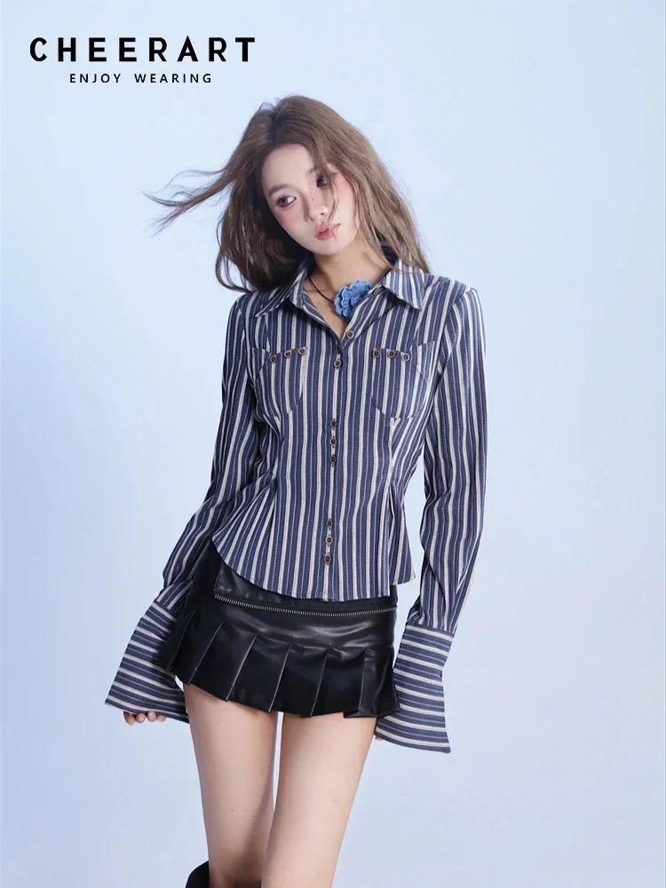 

CHEERART Royal Blue Flare Long Sleeve Button Up Striped Shirt For Women 2023 Designer Top Office Autumn Outfits Clothing