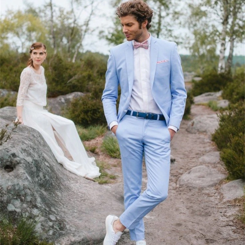 Luxurious 2 Pieces Men's Wedding Suit 2021 Slim Fit Groom Tuxedos Peak Lapel Formal Business Sky Blue Male Suits (Blazer+Pants)