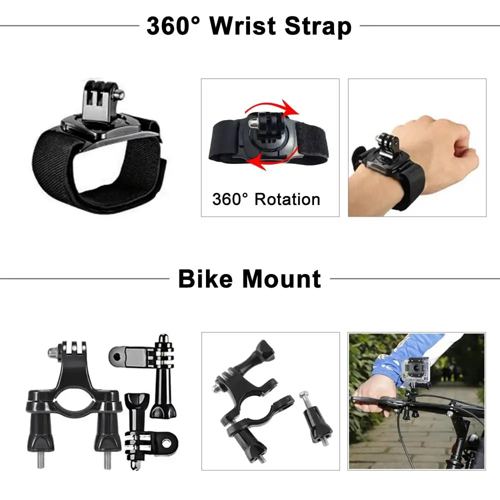 Aperçu de toutes les pièces du kit d'accessoires 52 en 1 pour caméra d'action, rangées dans un étui.