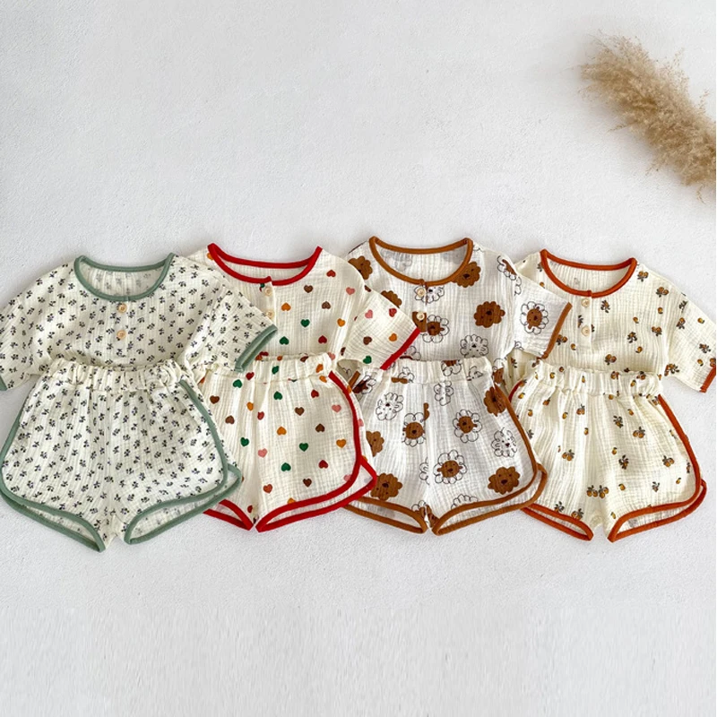 

2023 Summer Baby Clothes Sets Toddler Girls Floral Suit Cotton Cartoon Short Sleeve T-Shirt Shorts Boys Homewear Two Pieces
