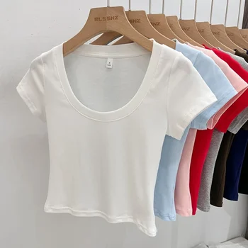 الصيف تي شيرتات قصيرة الاكمام المرأة الصلبة بلوزات على شكل حرف U الحلو النساء الملابس الساخن فتاة المحاصيل الأعلى الإناث ضئيلة تنوعا المحملة 2025 5