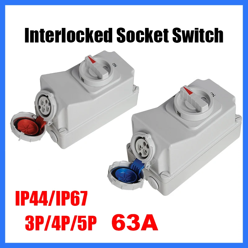 

IP67 Industrial Mechanical interlocking Socket 63A Waterproof Interlocked Socket With Swithch Din Install Guide Rail