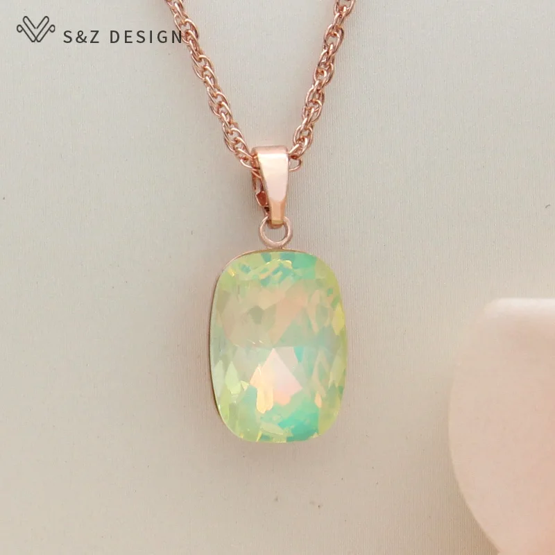 S&Z DESIGN New Fashion Rectangle Colorful Crystal Pendant Necklace For Women Wedding Elegant 585 Rose Gold Color Jewelry Gift