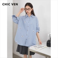 CHIC VEN femmes chemise ample décontracté à manches longues nouveau rayé brodé coton chemise femmes Blouses printemps automne 2025 vêtements 1