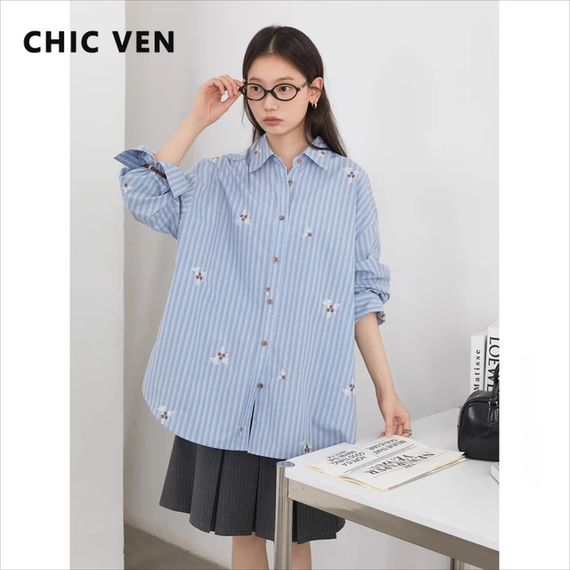 CHIC VEN femmes chemise ample décontracté à manches longues nouveau rayé brodé coton chemise femmes Blouses printemps automne 2025 vêtements 1