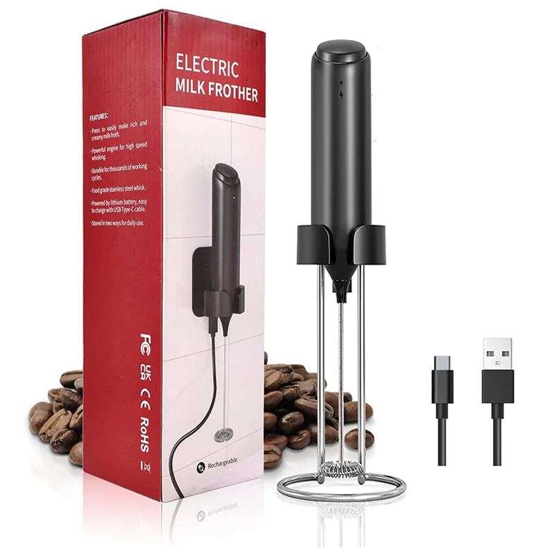 Milk Frother Handheld, USB Rechargeable Wall-Mounted Stand, Mini Milk Foamer, Electric Whisk Drink Mixer Foam