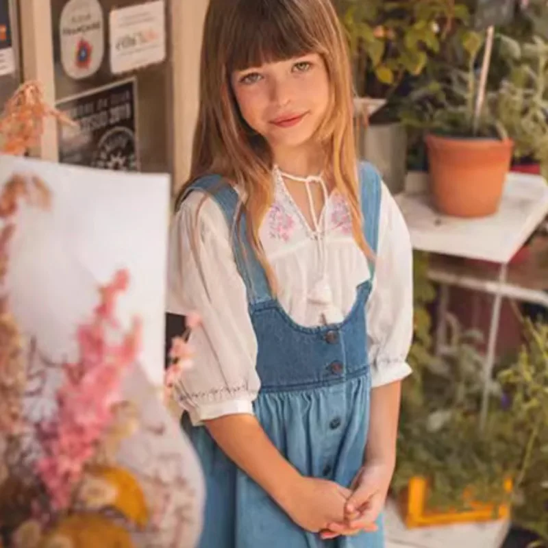 Children's Suits 2024 Summer Lou Series Girls Pure Cotton Suspender Tops Baby Sweet Pastoral Style Skirt Suit