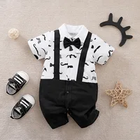Boys Cartoon Printed Clothes Short Sleeve Bow Tie Romper  Moustache Cotton Baby Gentleman Newborn Toddler Baby Jumpsuit Print 1