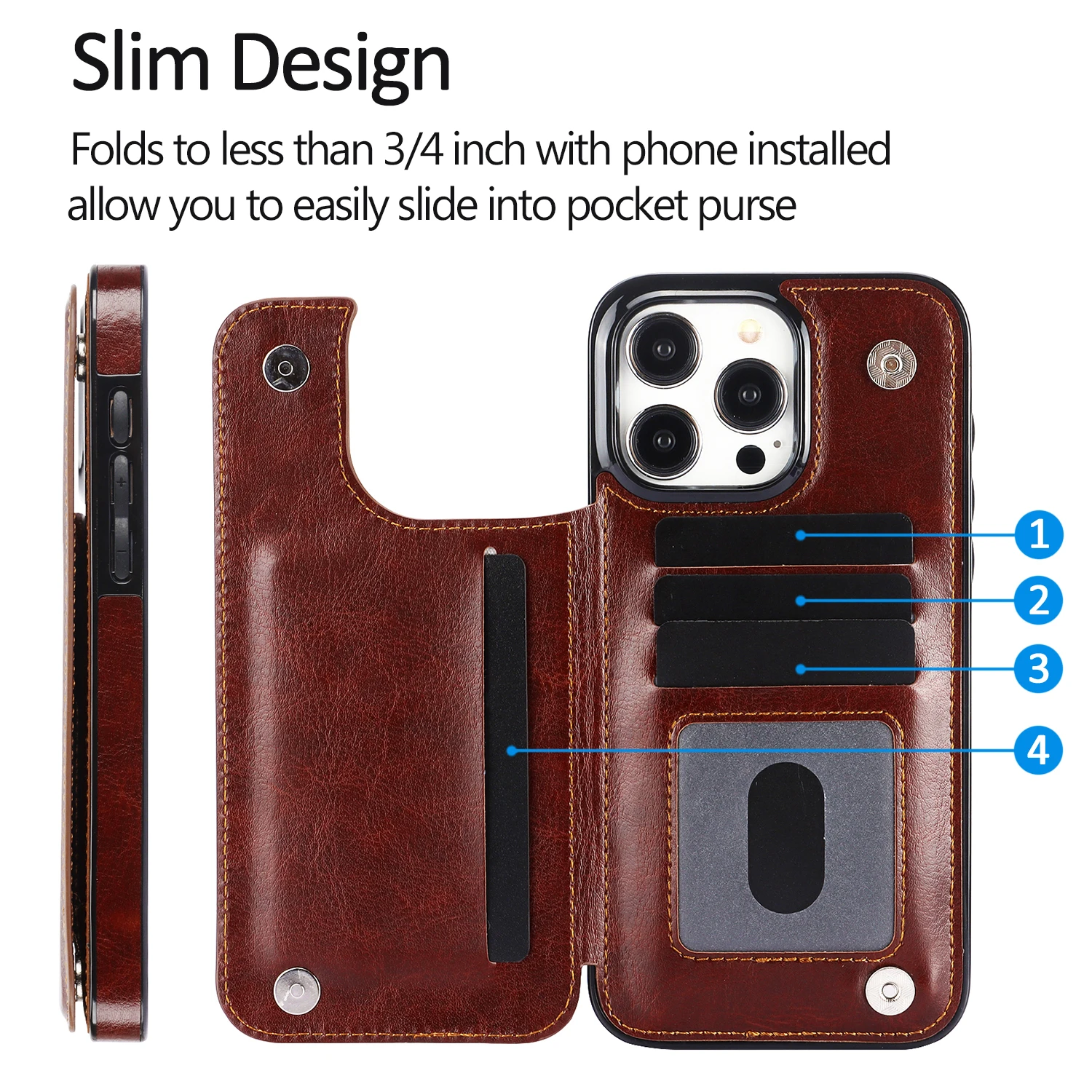 Elegant Solid Color Leather Wallet Case with Double Buckle and Card Slot