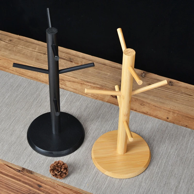 Description Picture 5 of itemBamboo Mug Hanging Display Rack Drinkware Shelf With 6 Hooks Tree Shape Wood Coffee Tea Cup Storage Holder Stand